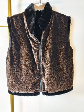 Reversible Milon Faux Fur Vest Womens Medium Brown Black Embossed Textured Zip